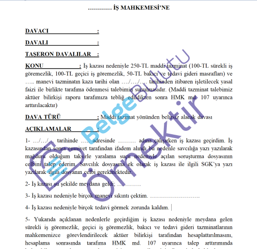 İŞ KAZASI DAVA DİLEKÇESİ